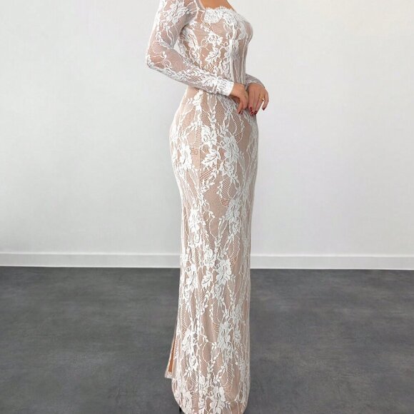 White Casual Women's Lace Long Sleeve Cupped Bustier Floor Length Bodycon Dress - Picture 3 of 5